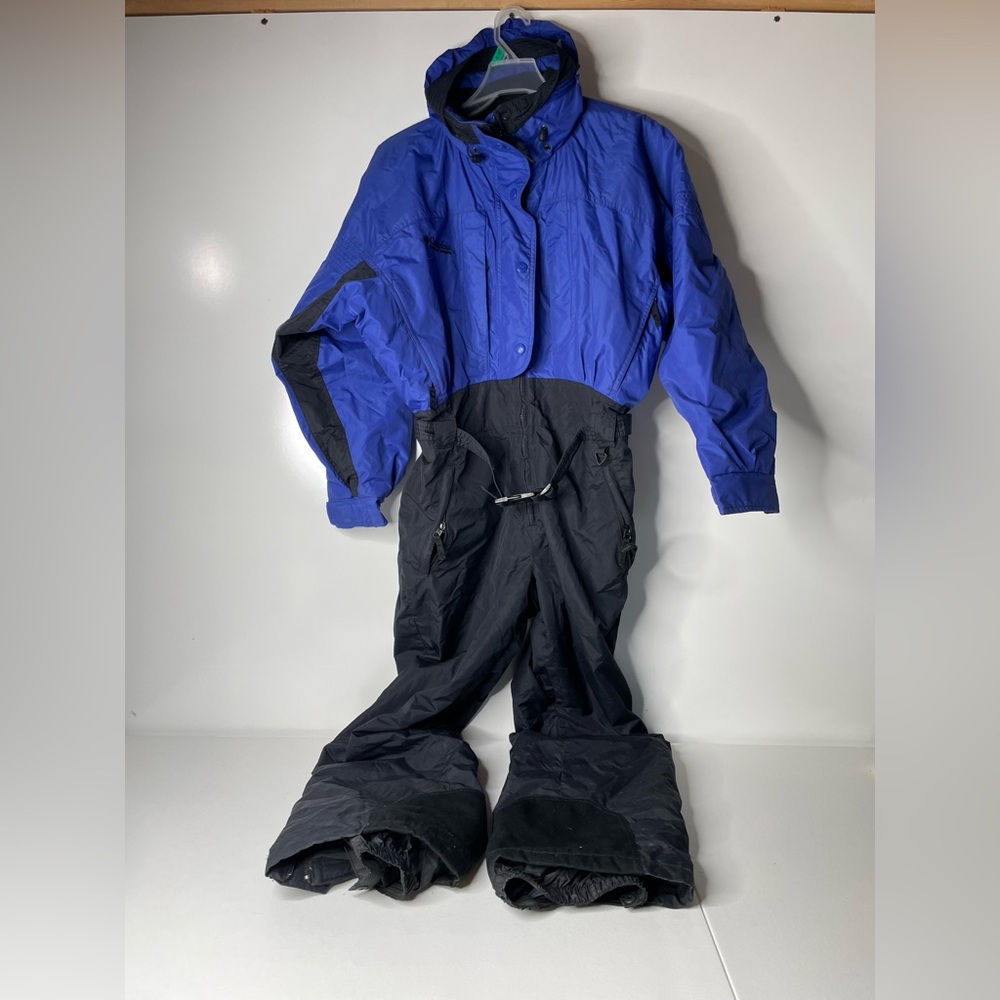 VINTAGE Columbia Womens Snow Suit Medium Black Blue One Piece Zip Up Belted